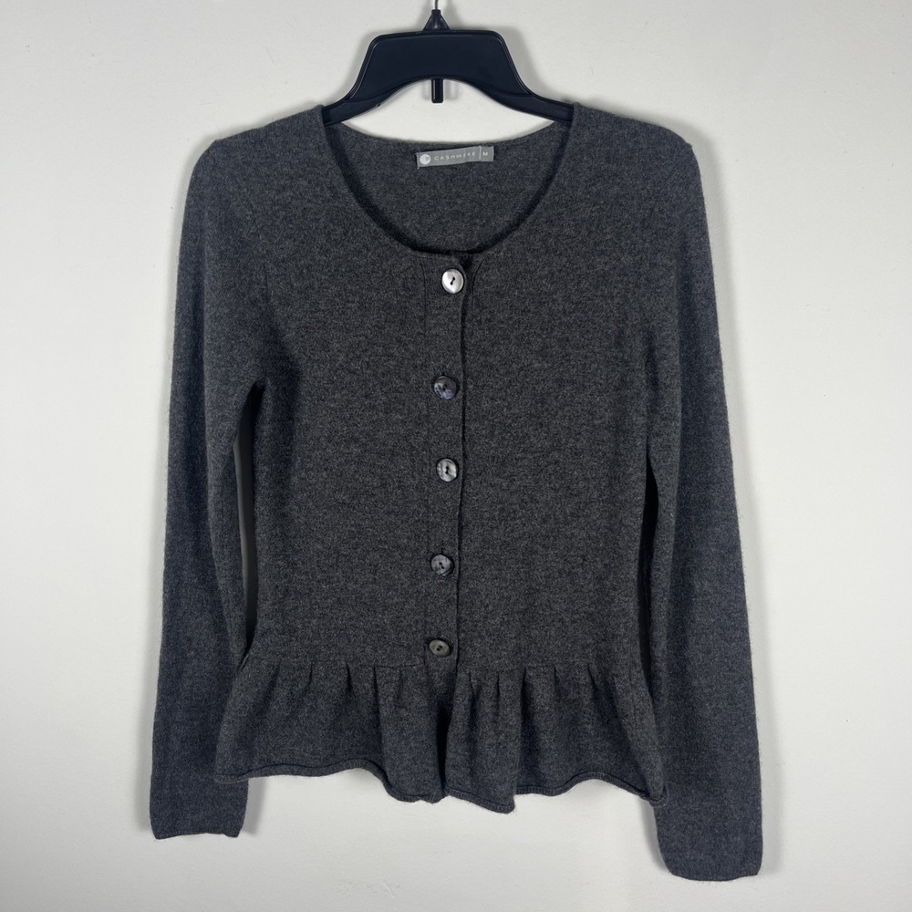 In Cashmere 100% Button Front Peplum Ruffle Hem Cardigan Sweater Charcoal Medium